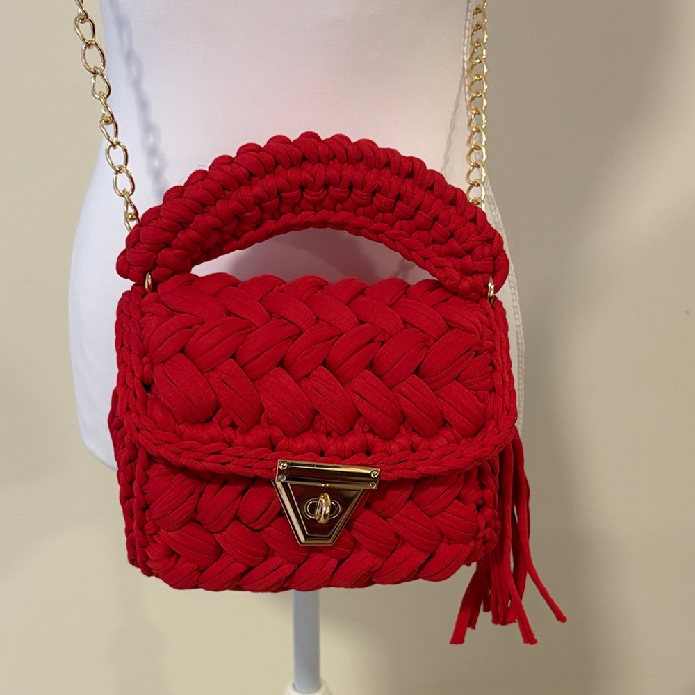 Red Braided Handbag with Gold Chain